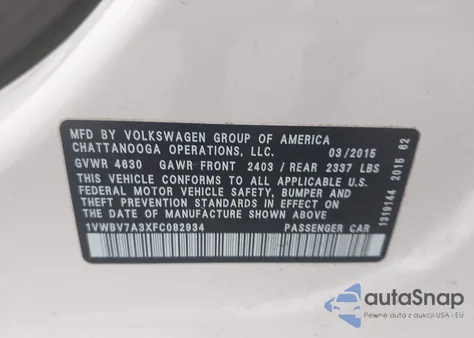 2015 Volkswagen Passat 2.0L Tdi Se from USA, damaged, VIN 1VWBV7A3XFC082934
